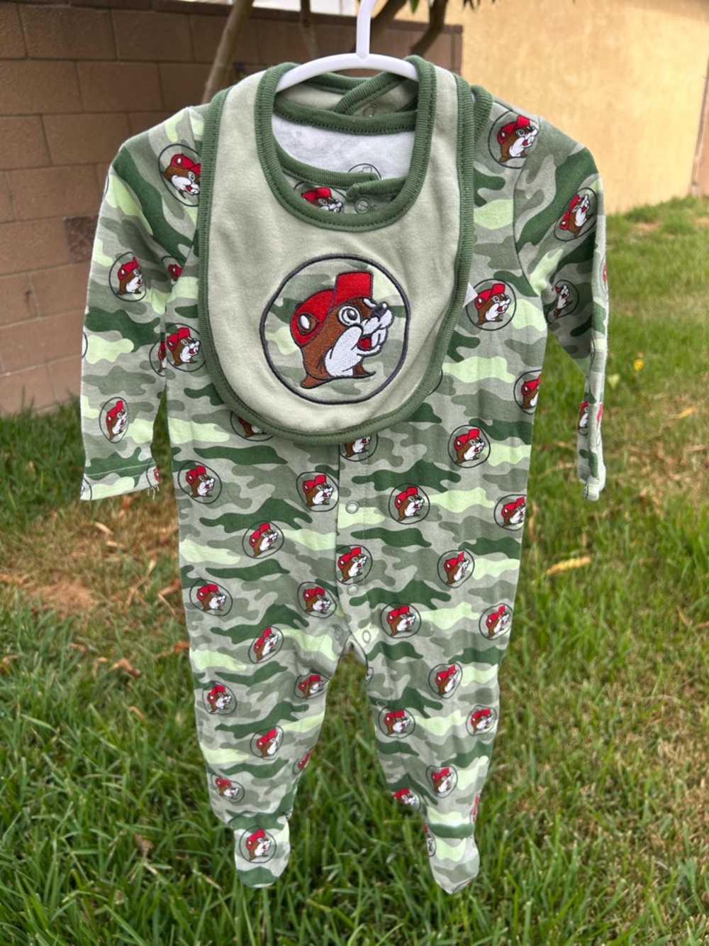 Green Camo Footed One-Piece with Matching Bib